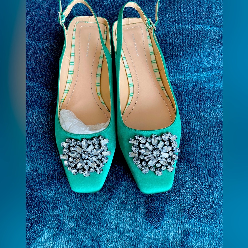 Zara brand green silk shoes with embellished toe.